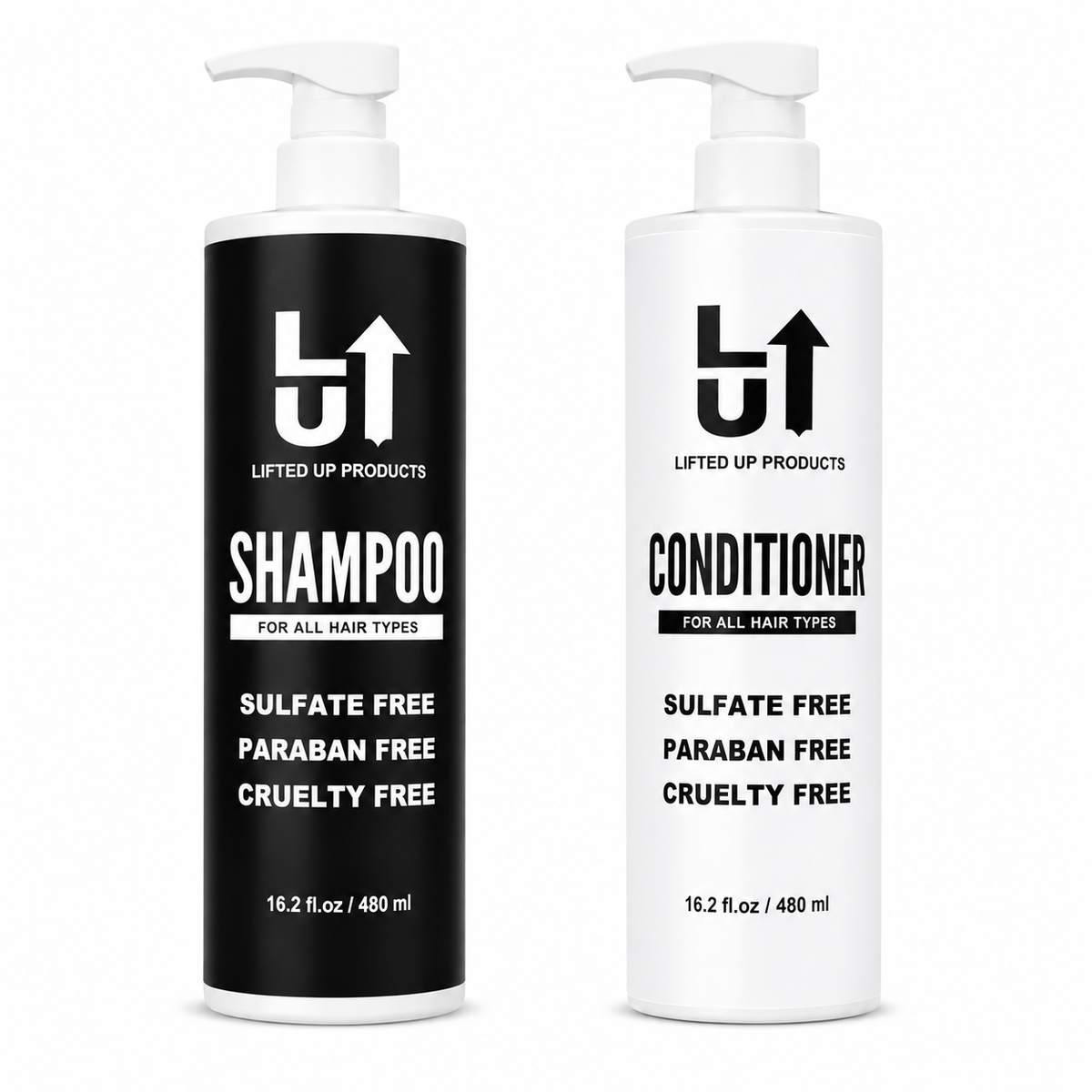 Lifted Up Products shampoo and conditioner bundle with bottles featuring sleek design and product labels, set against a neutral background.