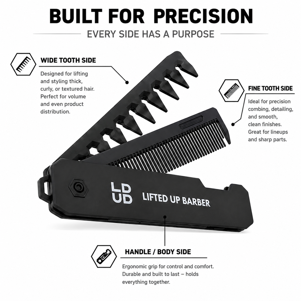 Special edition pocket comb by LIFTED UP PRODUCTS, featuring fine teeth for precise grooming and compact travel-friendly design.