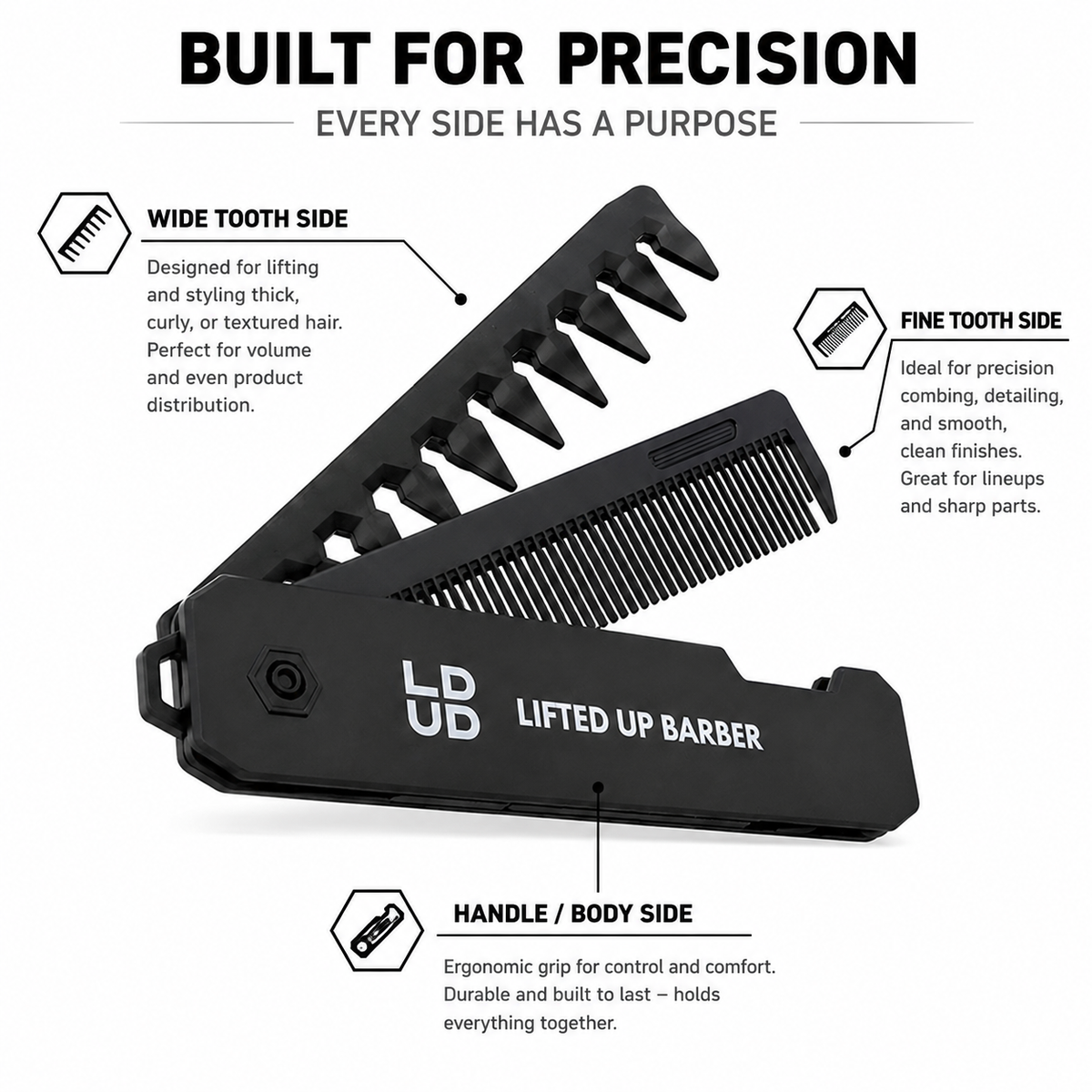 Special edition pocket comb by LIFTED UP PRODUCTS, featuring fine teeth for precise grooming and compact travel-friendly design.