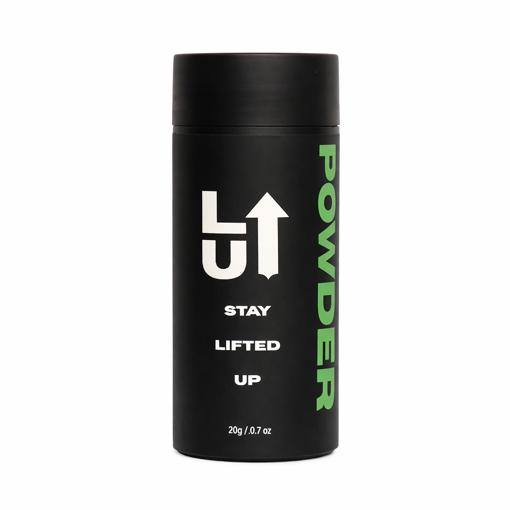 LUB Lifted Up Styling Powder in a clear jar, showcasing the white powder for volumizing and texturizing hair styling.