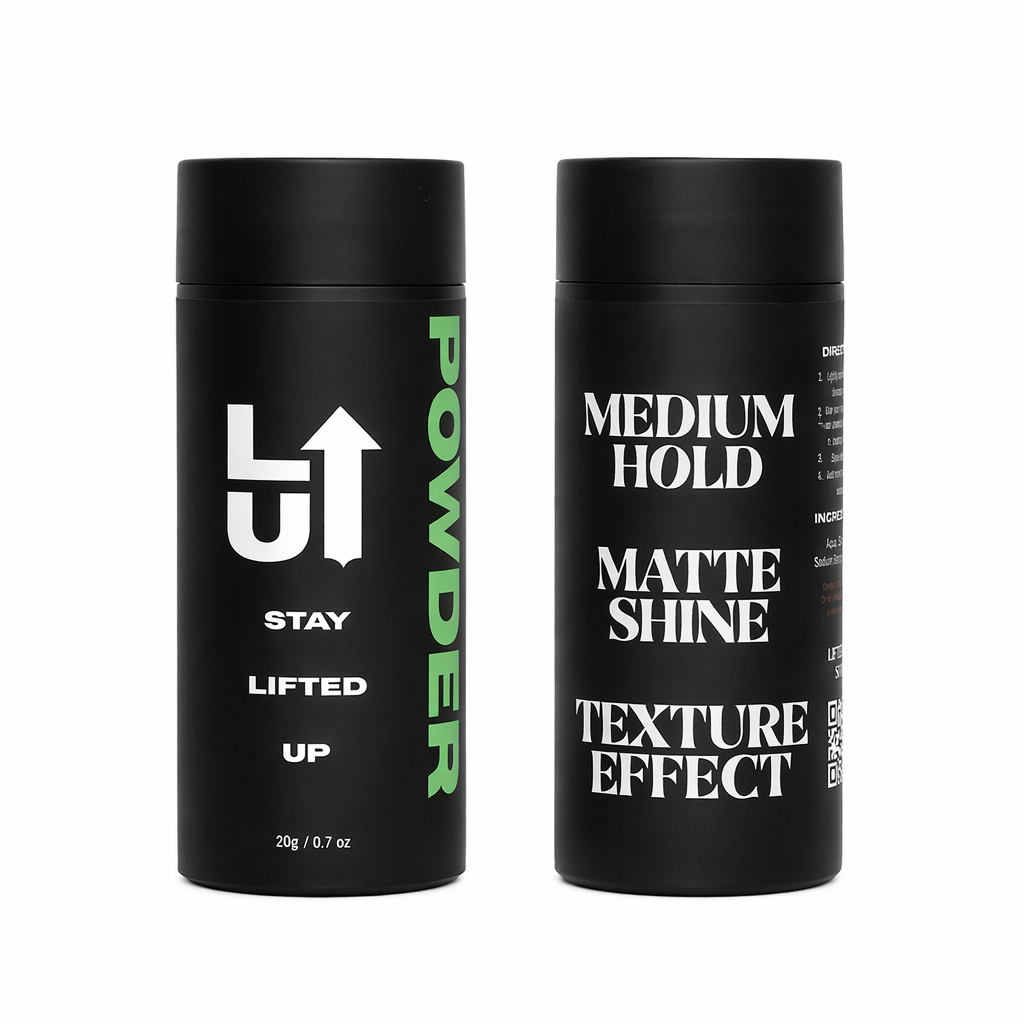 LUB Lifted Up Styling Powder in a jar, showing the textured powder with a scoop, designed for volume and texture in hair styling.