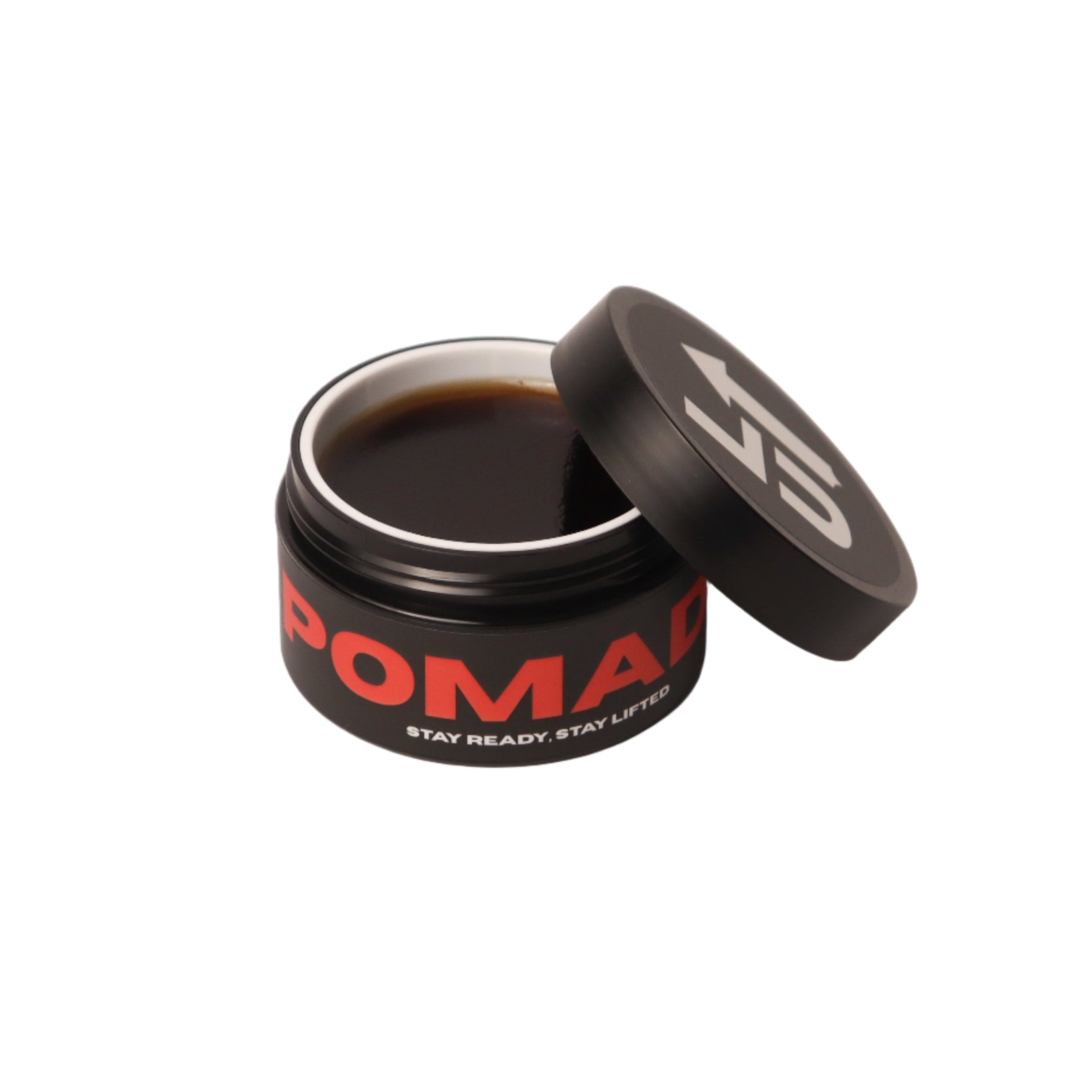 Lifted Up Pomade by LIFTED UP PRODUCTS showing a jar of strong hold hair pomade with a smooth, styled hair look.